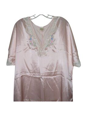 Vintage Delicates Pink Satin Nightgown Lace Trim Floral Embroidery Womens 1X
